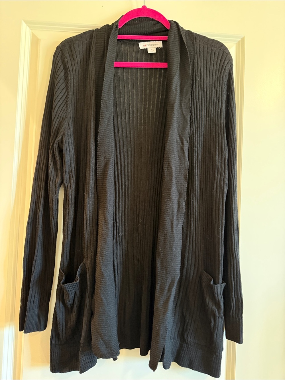 Liz Claiborne Black Ribbed Open Cardigan with Pockets